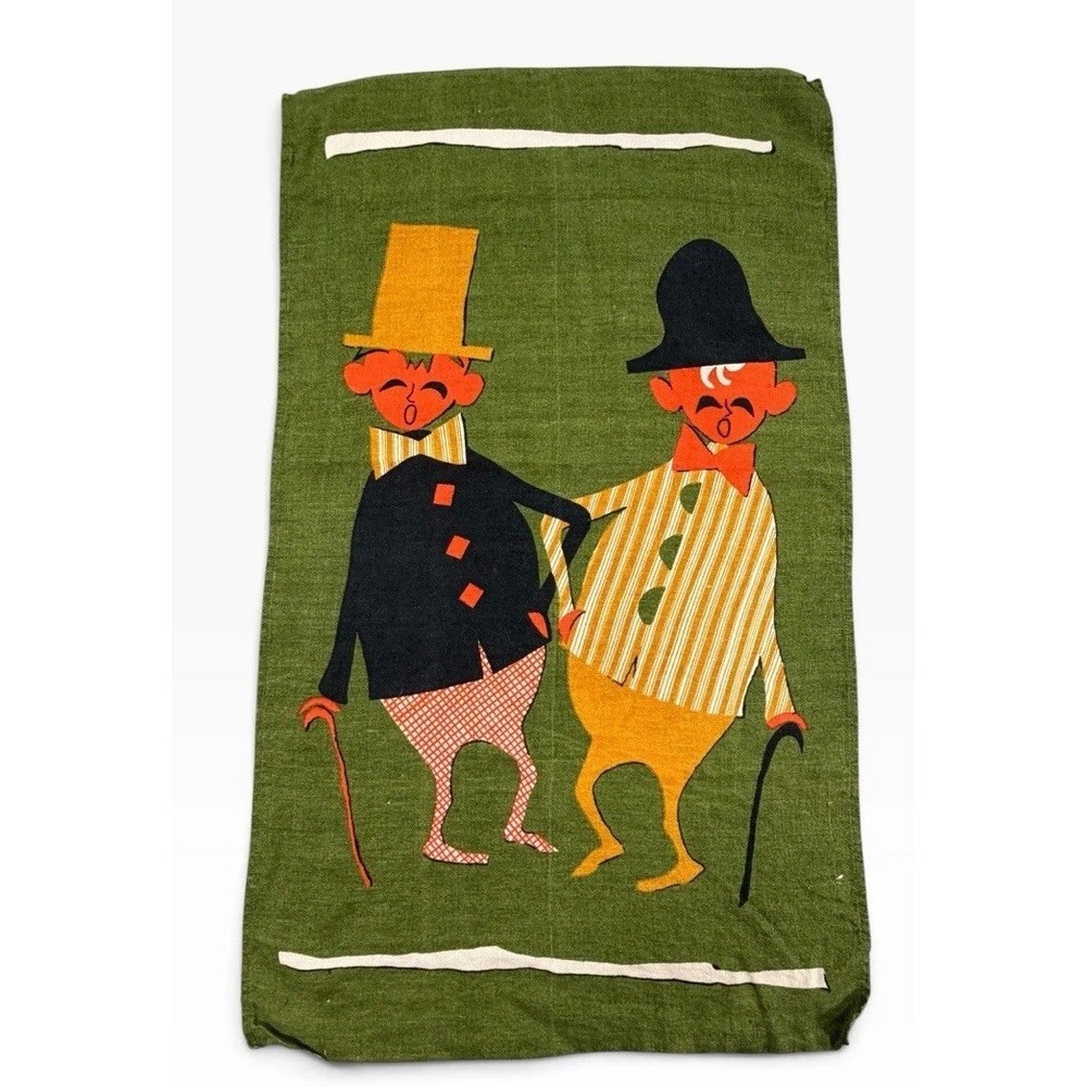 Vintage Danish MCM Linen Tea Towel Whimsical Dandy Gentleman Folk Art Kitchen